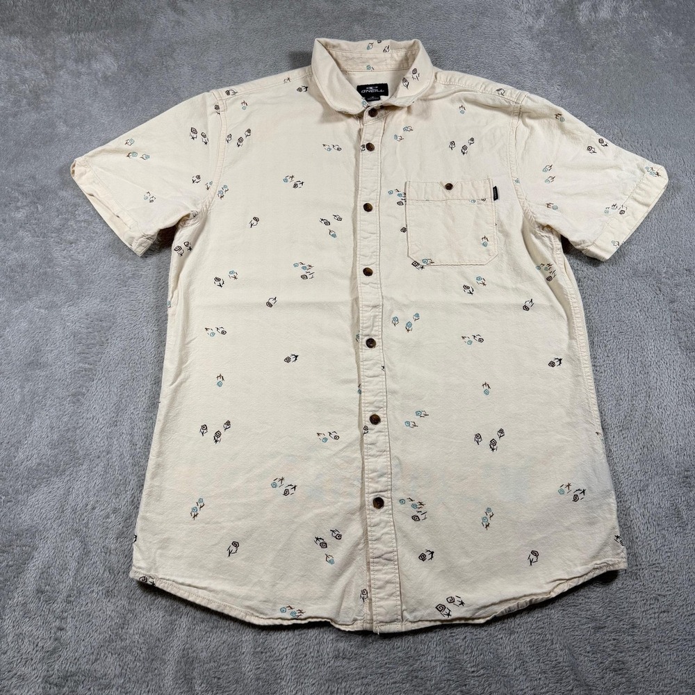 O'Neill Shirt Mens Medium Beige Floral Short Sleeve Button Up Modern Vacation